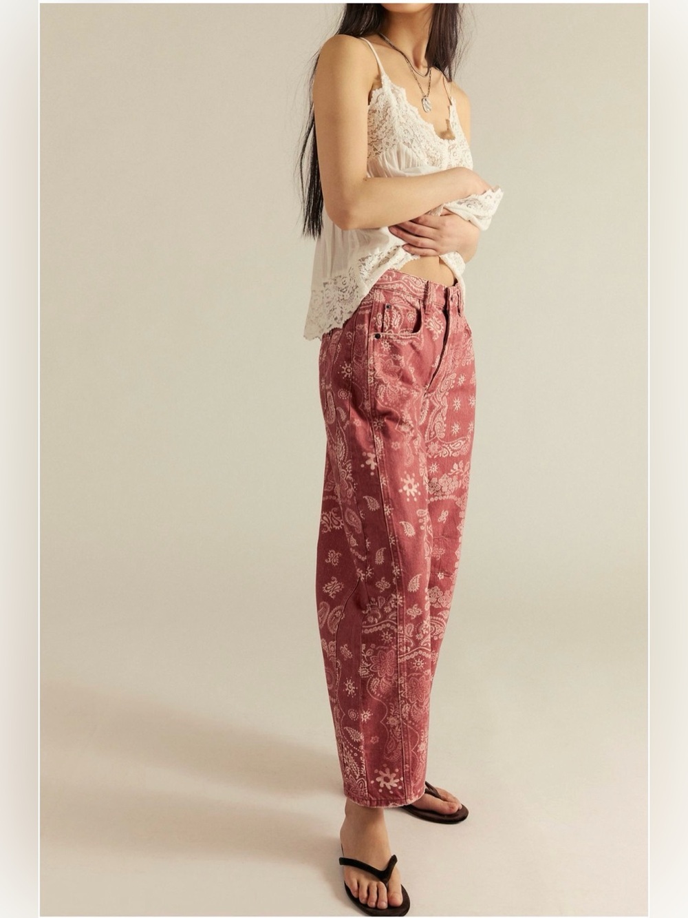 Free People We The Free Good Luck Printed Barrel Jeans Bandana Block - 29 - Picture 10 of 14